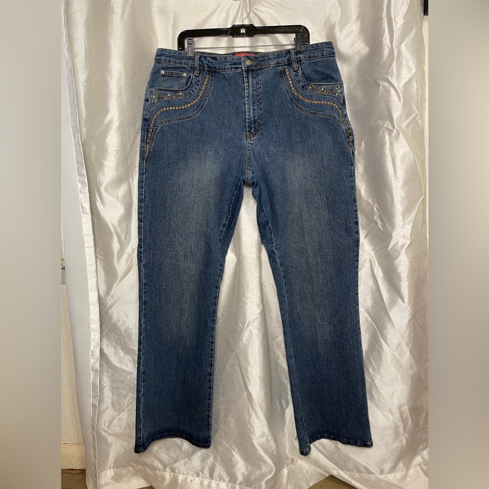 Plus y2k Rhinestone Embellished Floral Embroidered Straight Leg Denim Blue Jeans